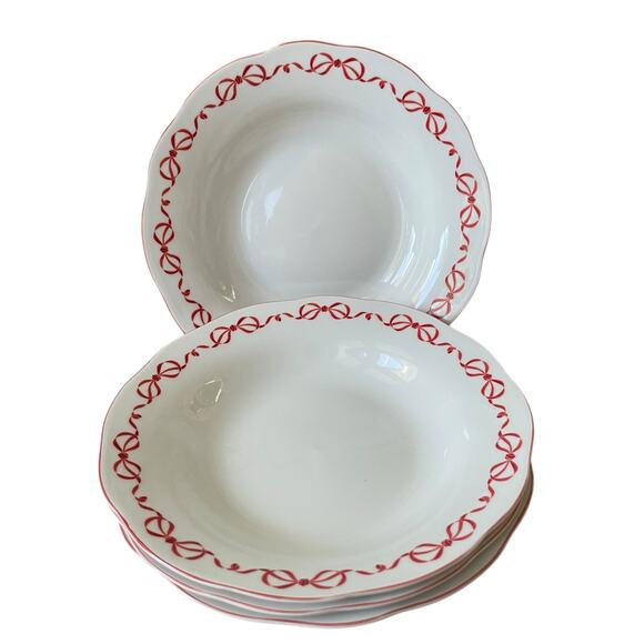 Red Bow Border Ceramic 9in Dinner Bowls Set of 4 Eaton Fine Dining Holiday New - Picture 13 of 16